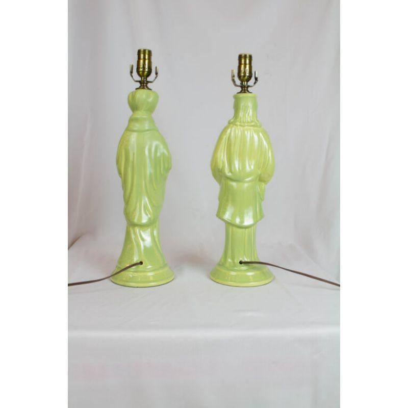 Pair of Vintage Green Asian Figural Lamps In Excellent Condition For Sale In Canton, MA