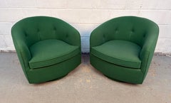 Pair of Vintage Green Barrel Back Swivel Lounge Chairs