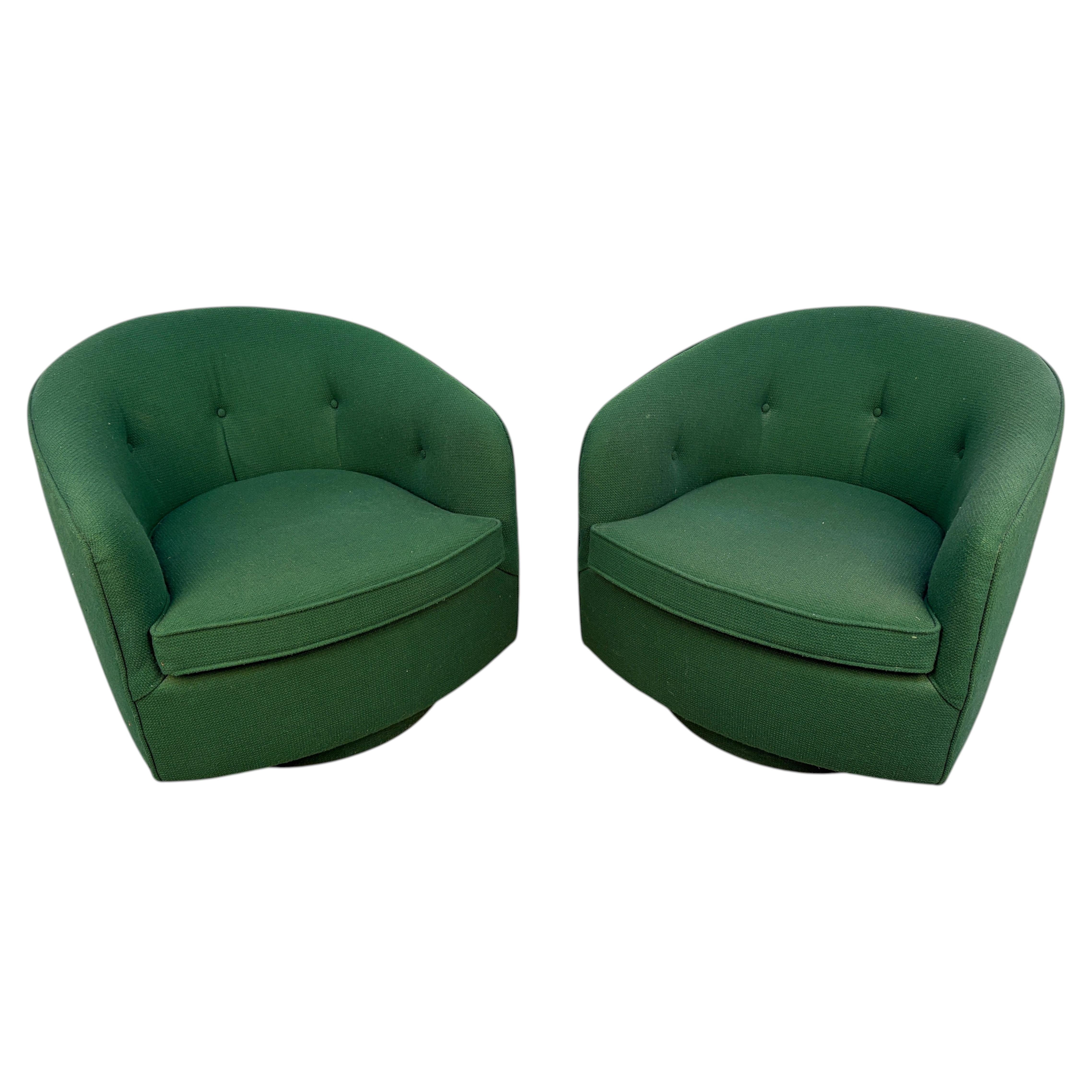 Pair of Vintage Green Barrel Back Swivel Lounge Chairs