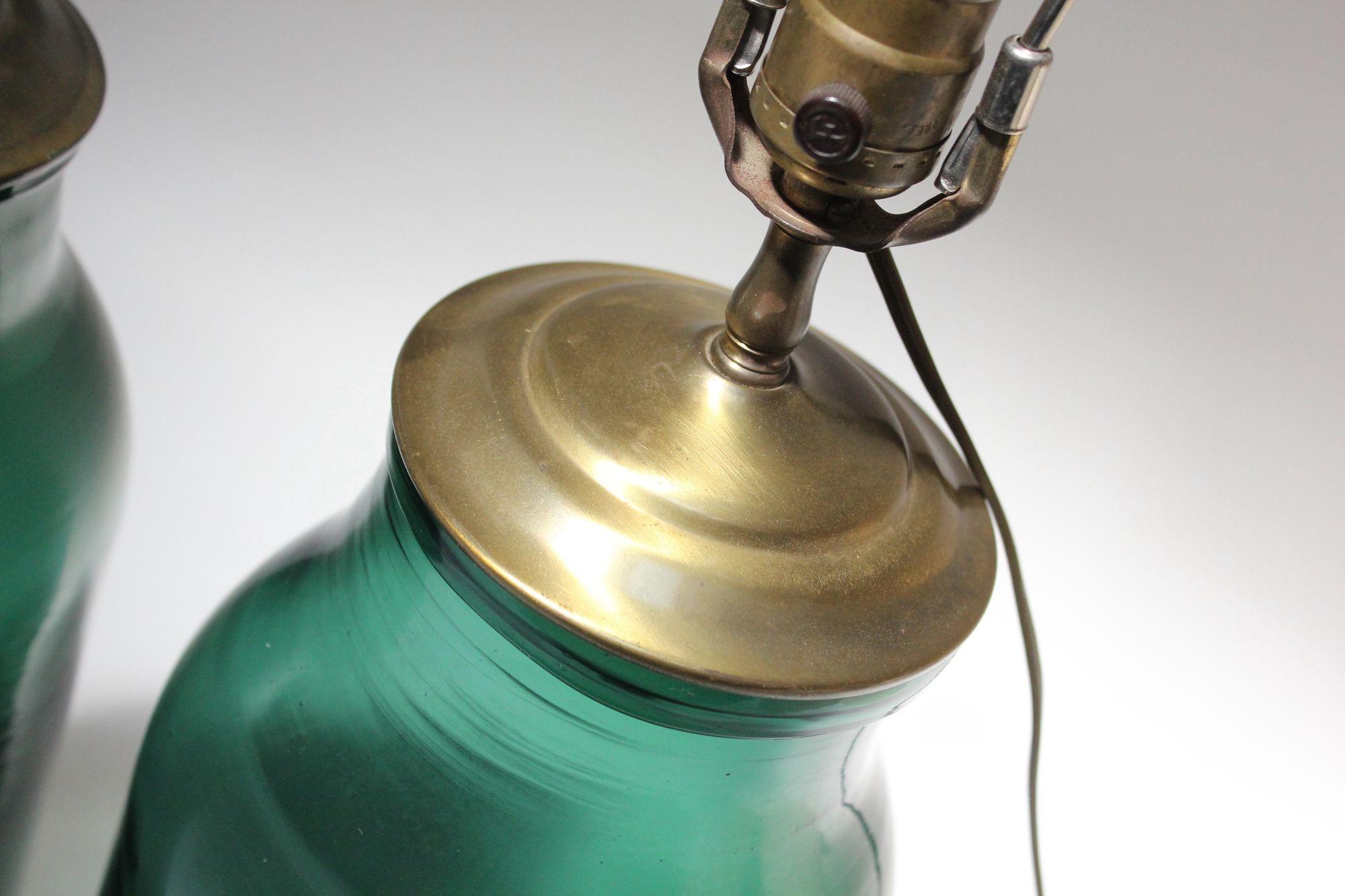 Pair of Vintage Green Blown Glass and Brass Table Lamps For Sale 13