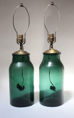 Pair of Vintage Green Blown Glass and Brass Table Lamps