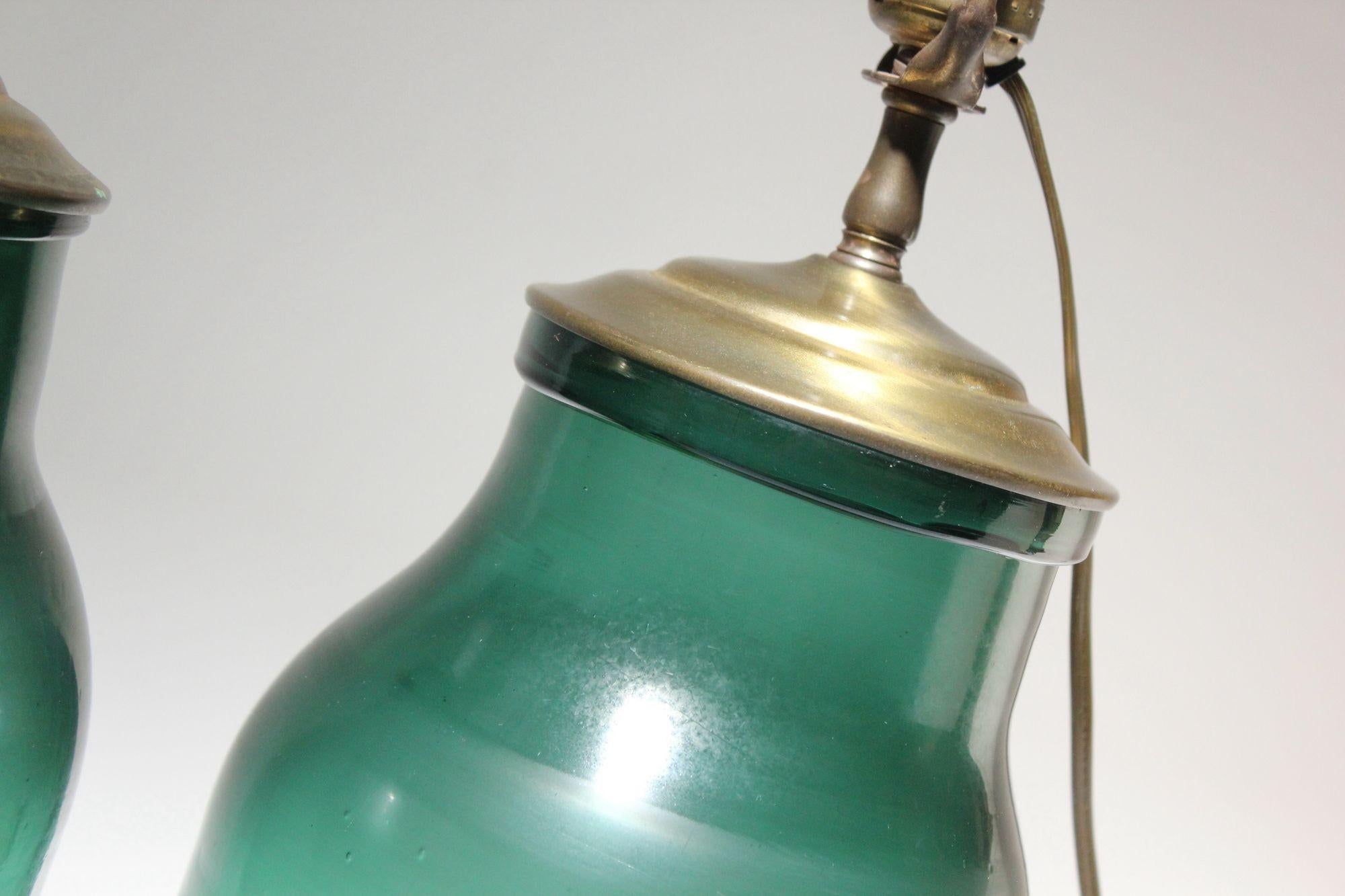Pair of Vintage Green Blown Glass and Brass Table Lamps For Sale 14