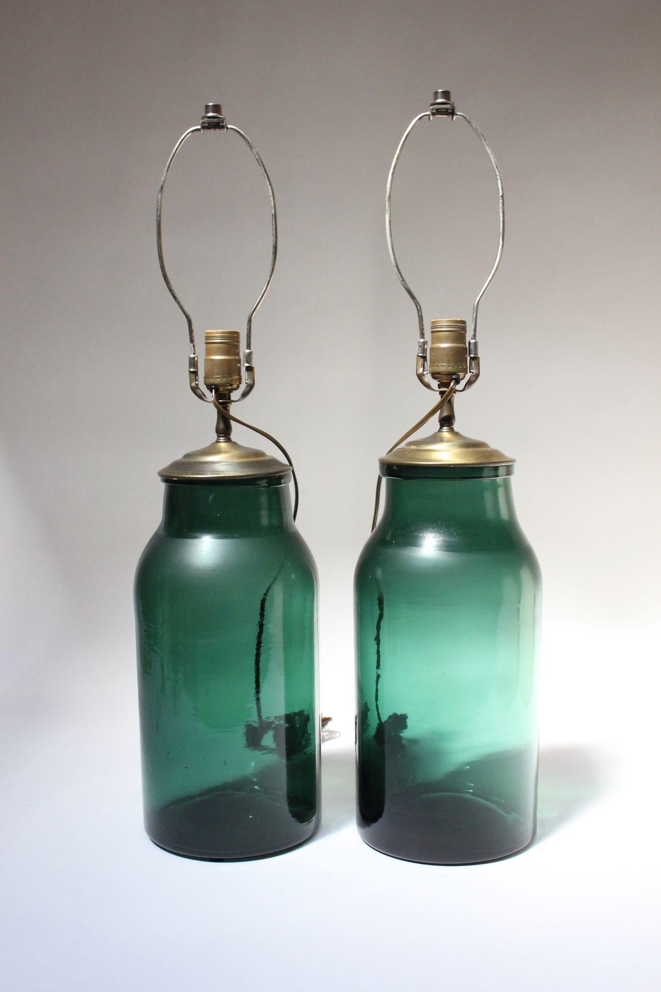 American Pair of Vintage Green Blown Glass and Brass Table Lamps For Sale
