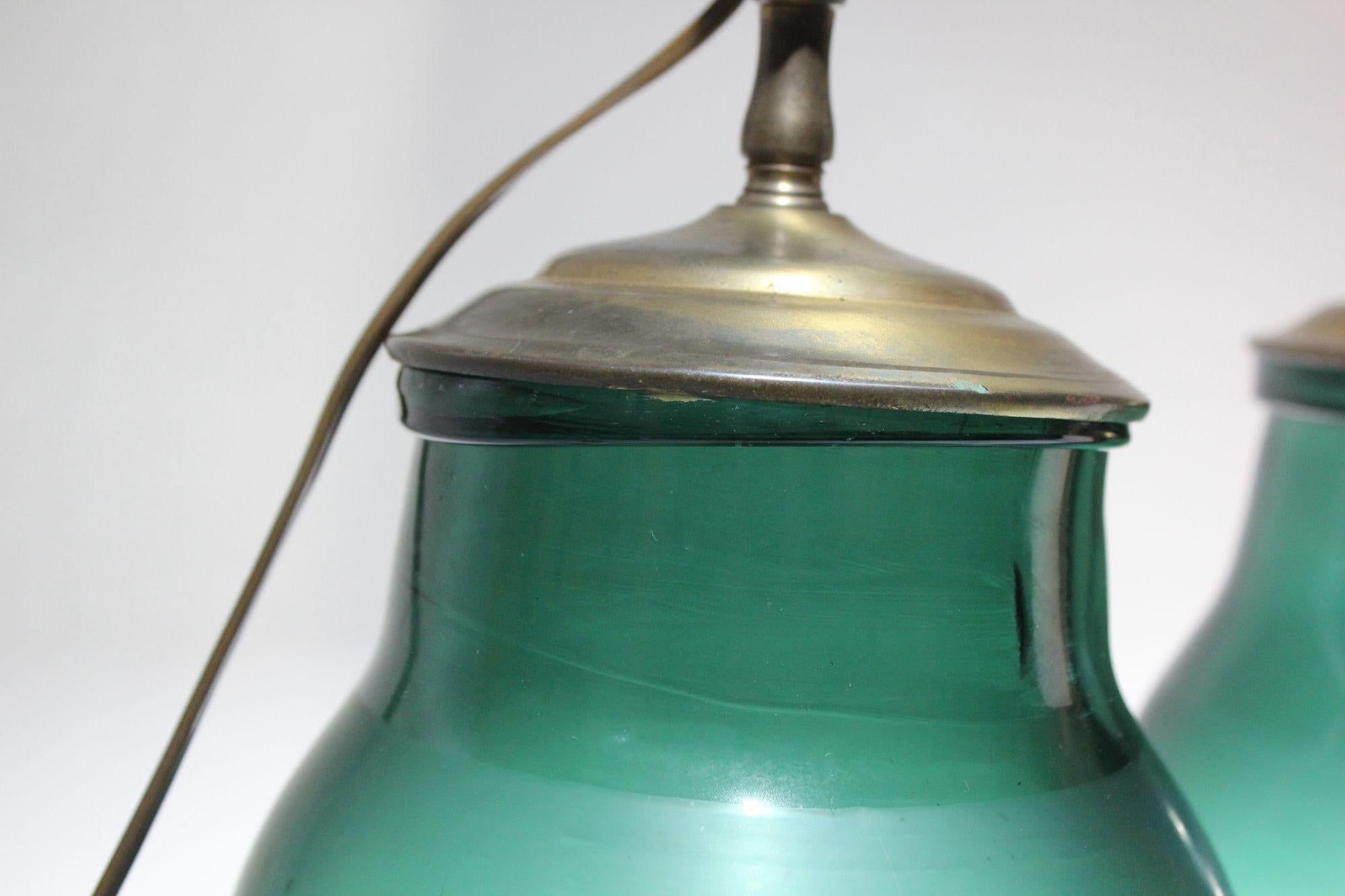 Pair of Vintage Green Blown Glass and Brass Table Lamps For Sale 3