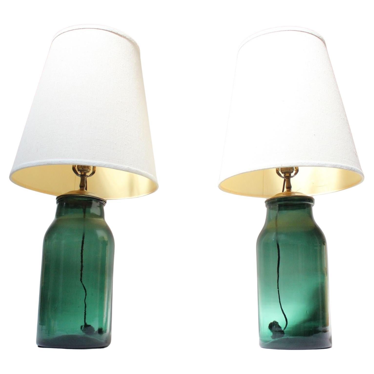 Pair of Vintage Green Blown Glass and Brass Table Lamps For Sale