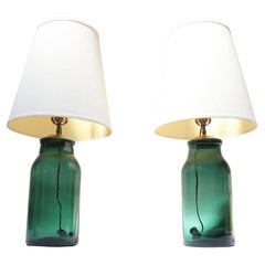 Pair of Vintage Green Blown Glass and Brass Table Lamps