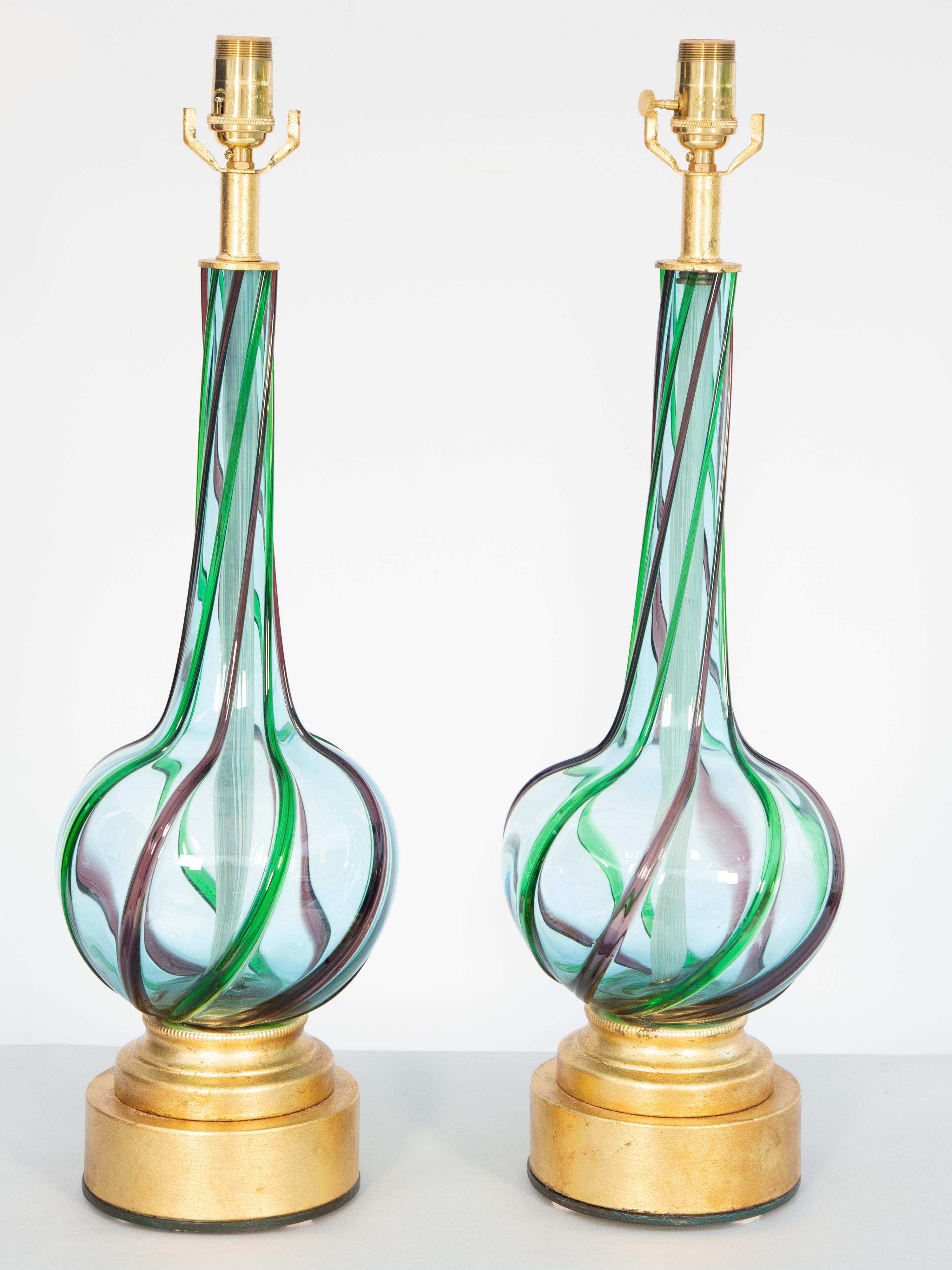 Paire de lampes vintage en verre de Murano en forme de spirale verte et bleue Bon état - En vente à West Palm Beach, FL