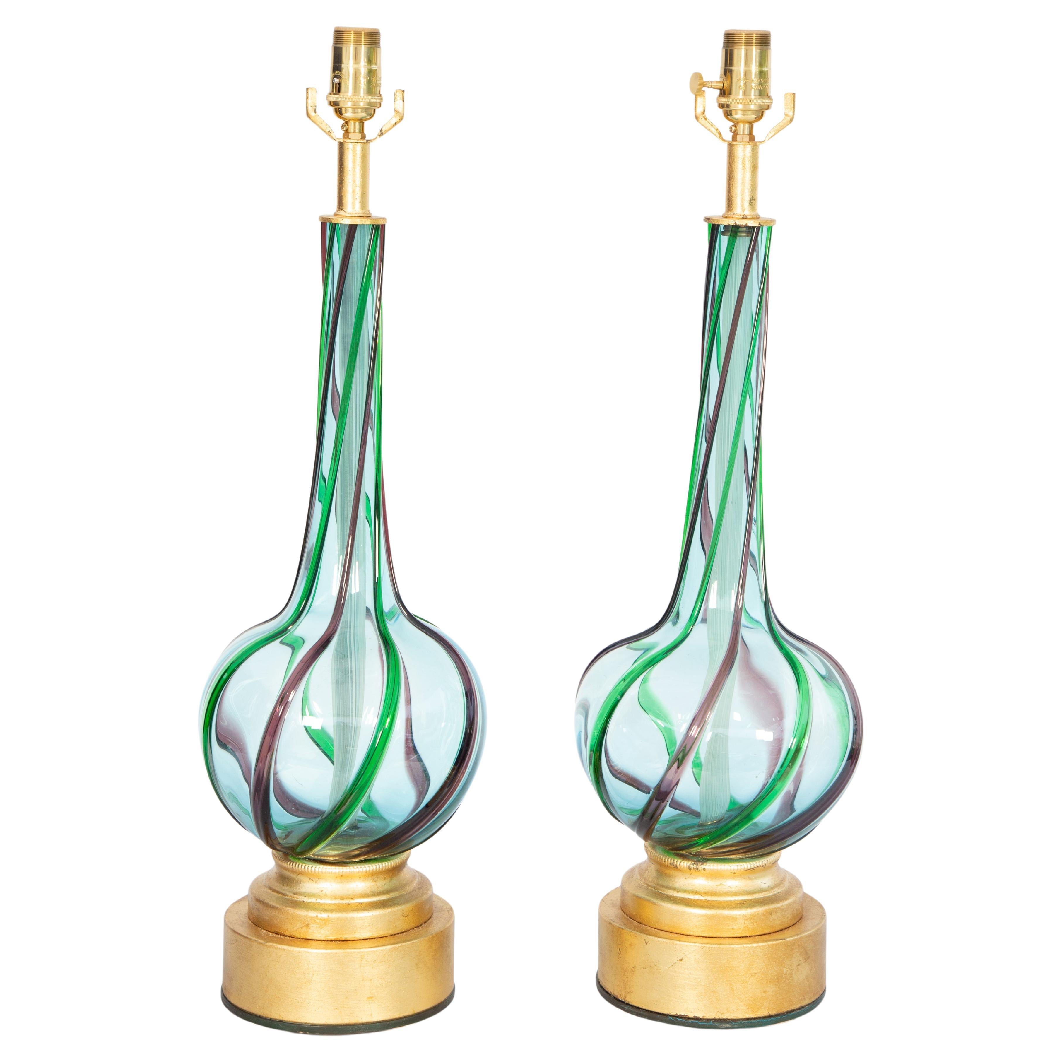 Paar Vintage-Lampen aus grünem und blauem Murano-Glas mit spiralförmiger Dekoration
