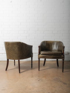 Pair of Vintage Green Leather Barrel Chairs with Turned Wood Legs Nailhead Trim