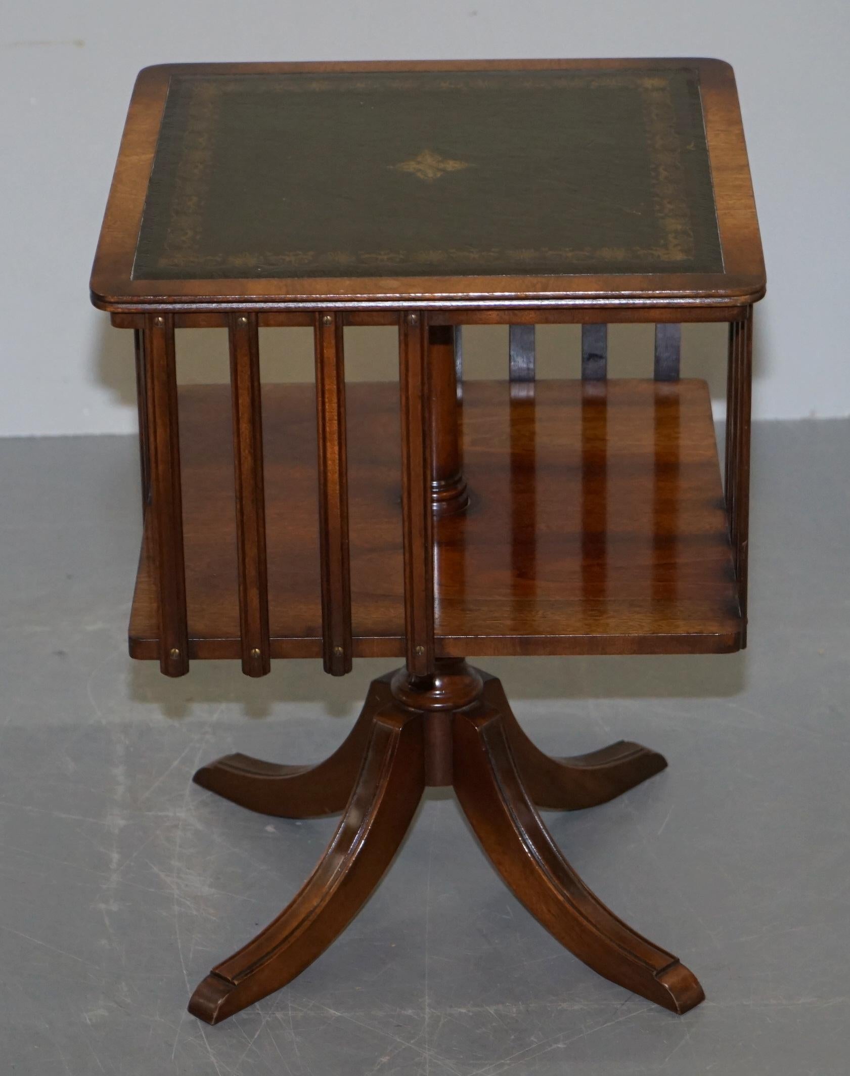 Regency Pair of Vintage Green Leather Topped Mahogany Revolving Bookcases Side Tables