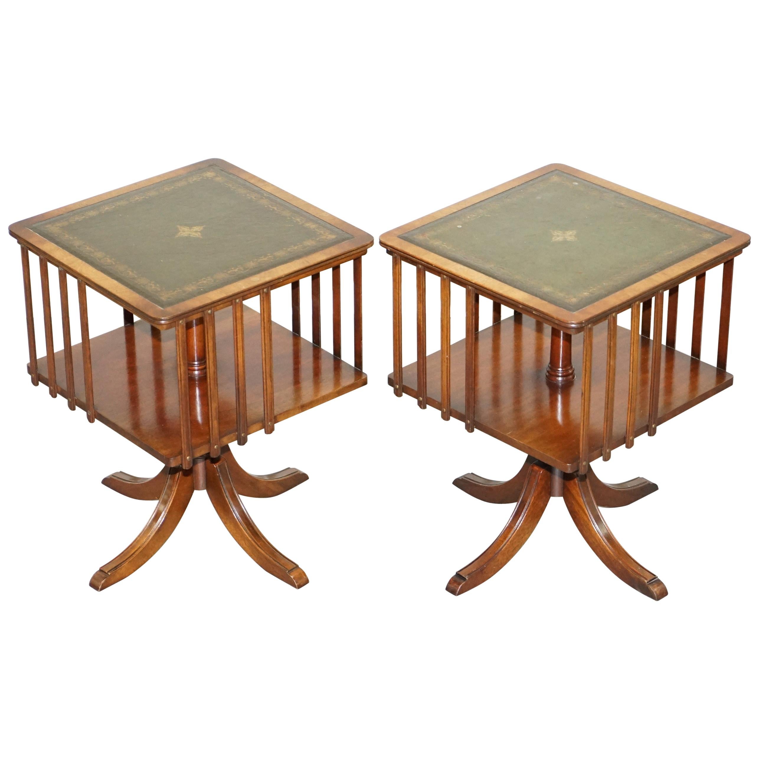 Pair of Vintage Green Leather Topped Mahogany Revolving Bookcases Side Tables