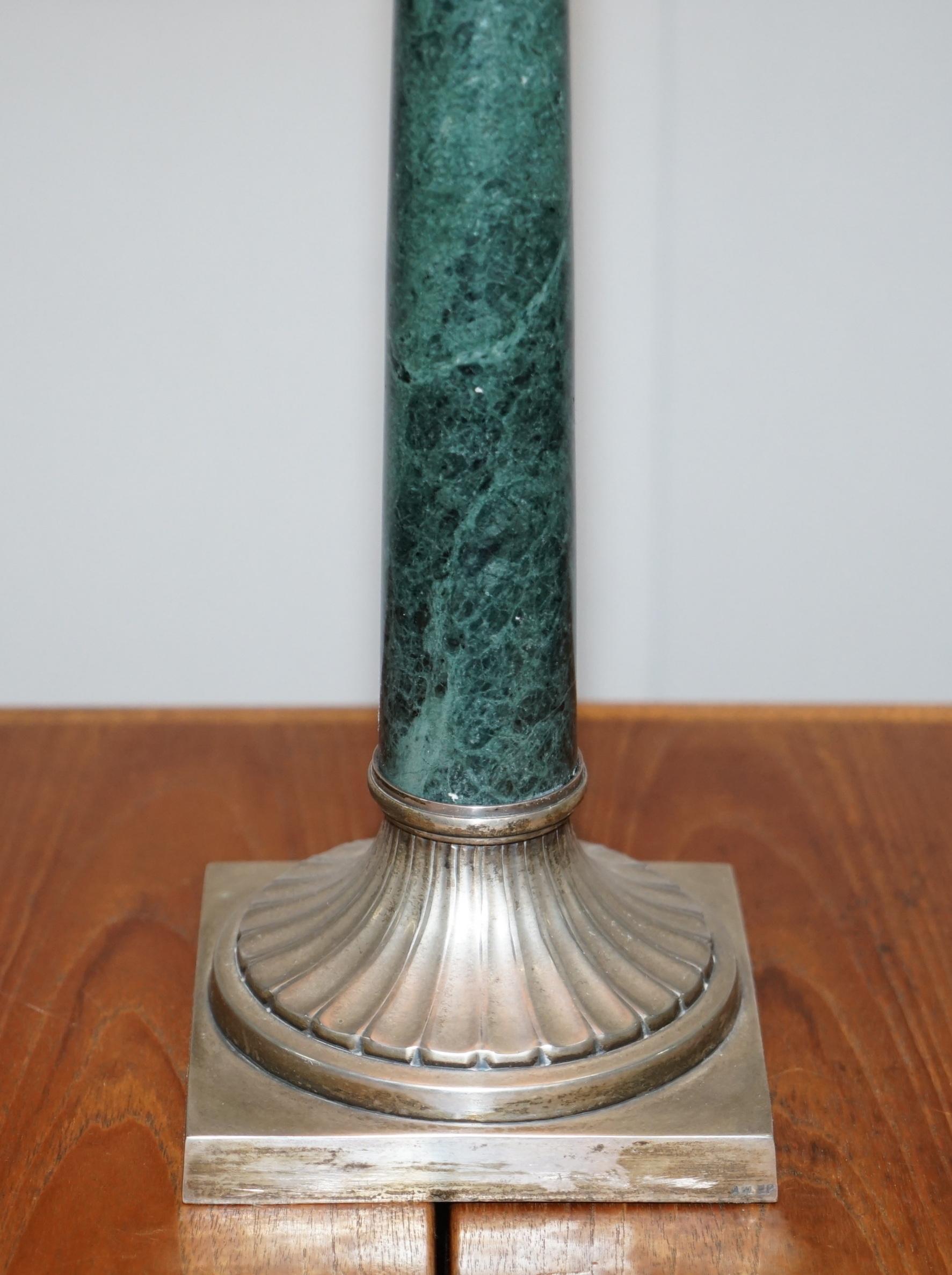 Pair of Vintage Green Marble Silver Plated Large Corinthian Pillared Table Lamps 11