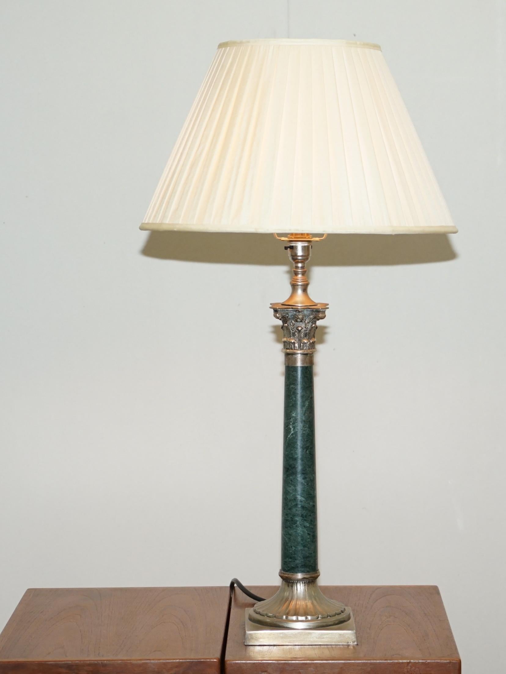 We are delighted to this lovely pair of circa 1920s green marble and silver plated Corinthian pillared table lamps

A very decorative and well-made pair of substantial and important looking table lamps. They are heavy, with solid marble columns,