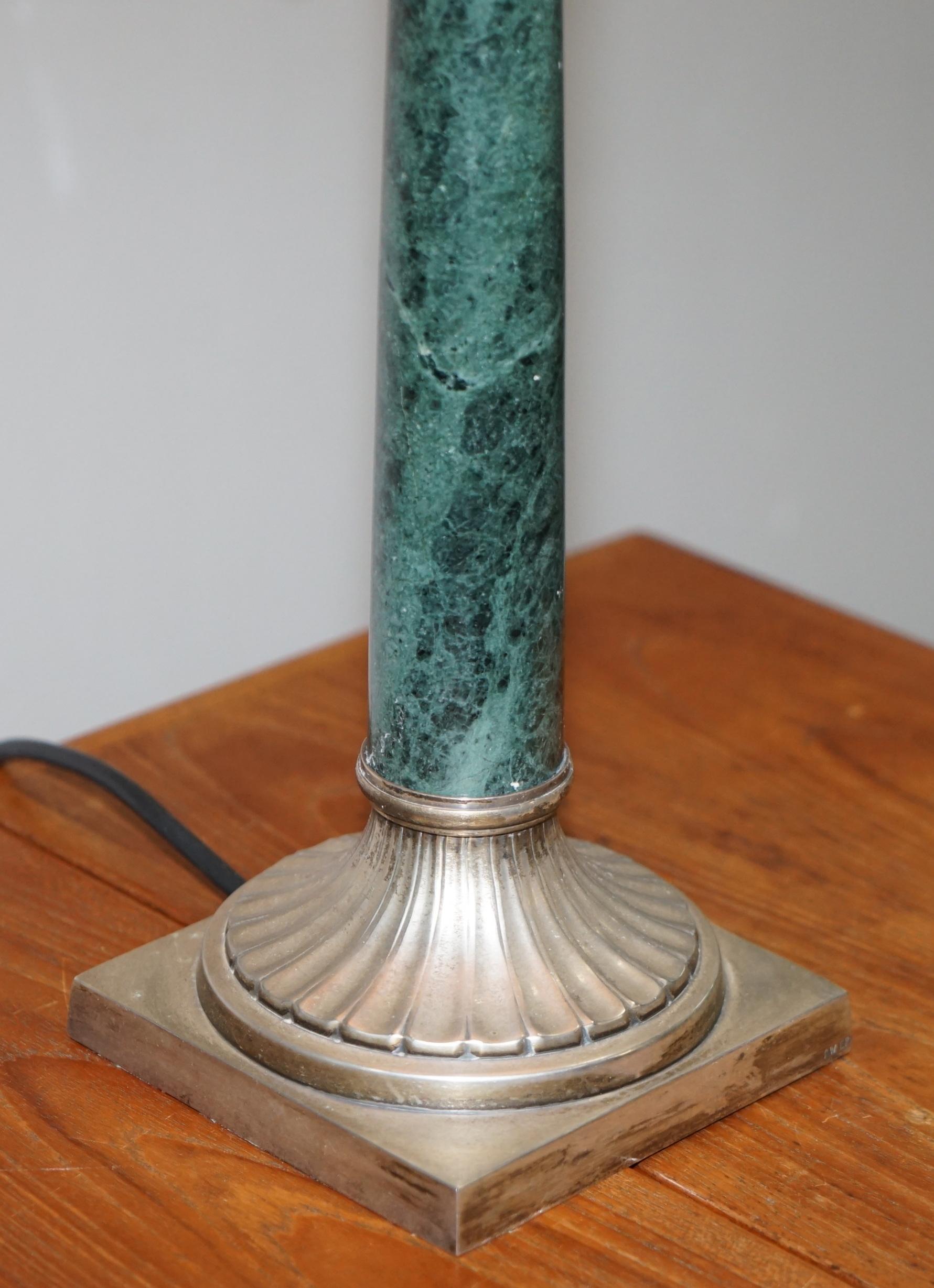 Pair of Vintage Green Marble Silver Plated Large Corinthian Pillared Table Lamps 13