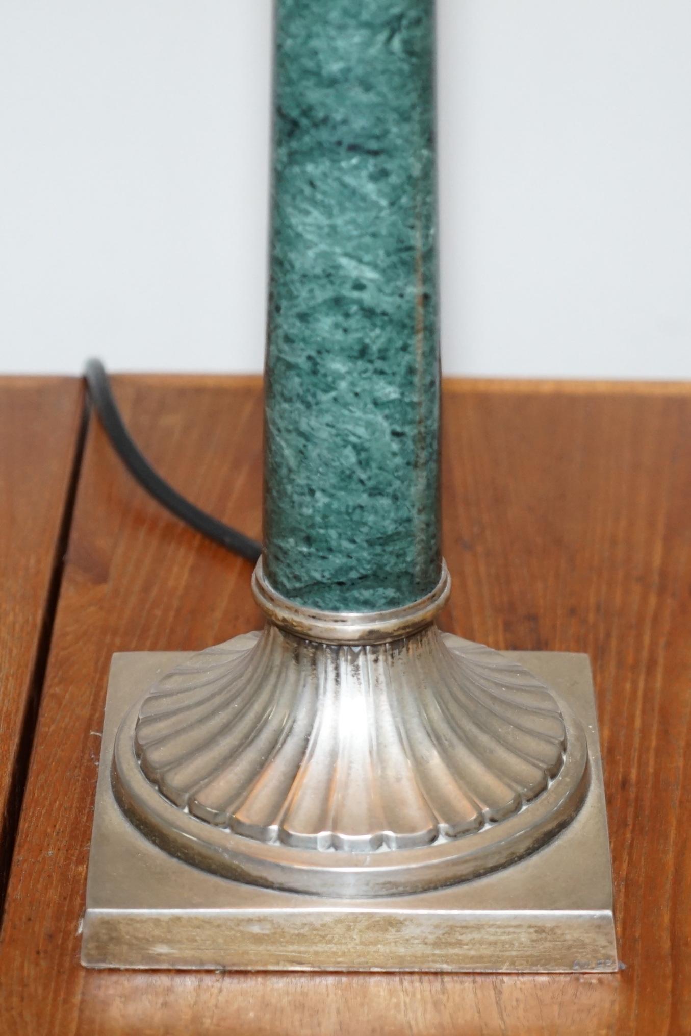 Art Deco Pair of Vintage Green Marble Silver Plated Large Corinthian Pillared Table Lamps