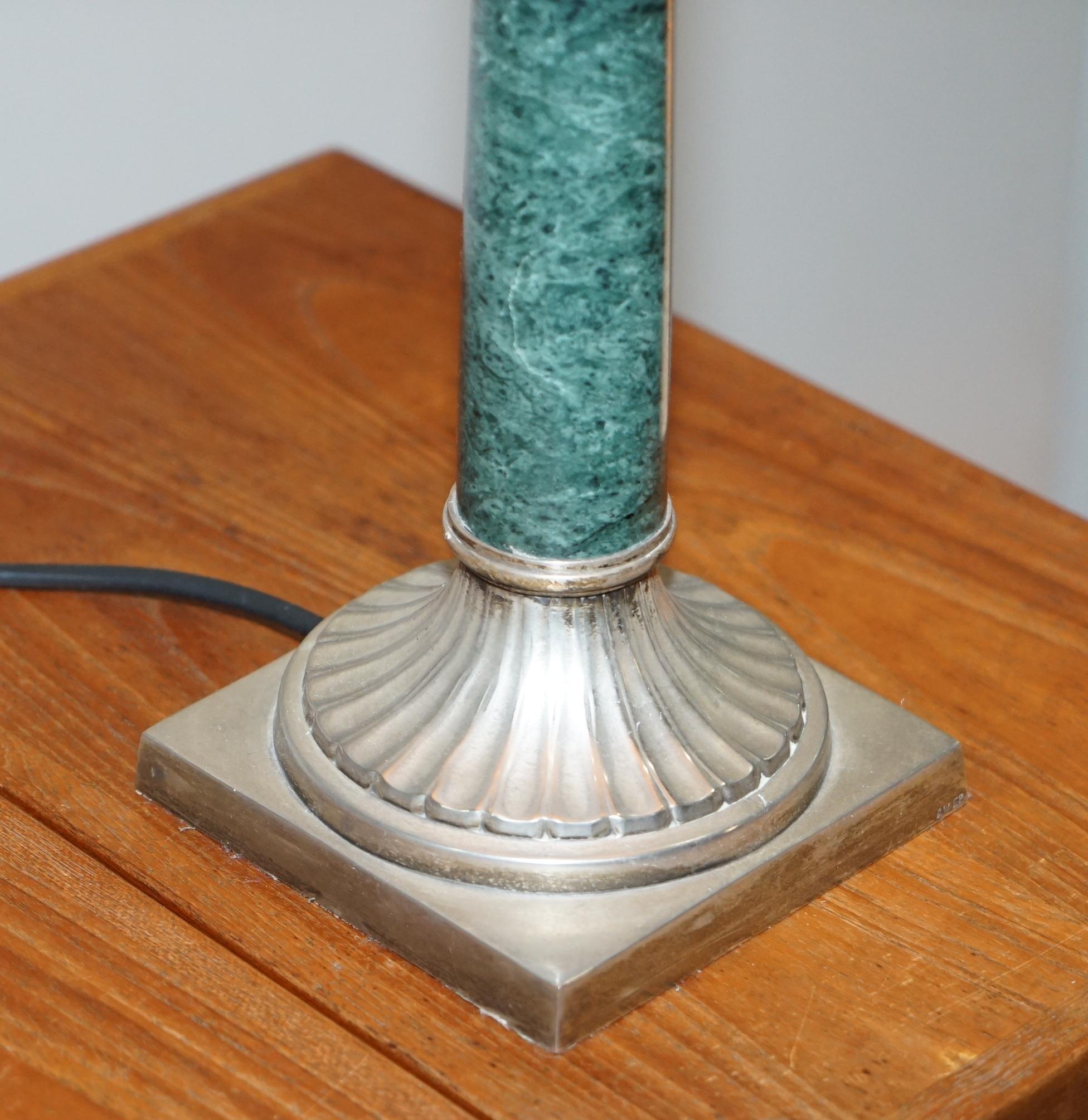 Pair of Vintage Green Marble Silver Plated Large Corinthian Pillared Table Lamps 2