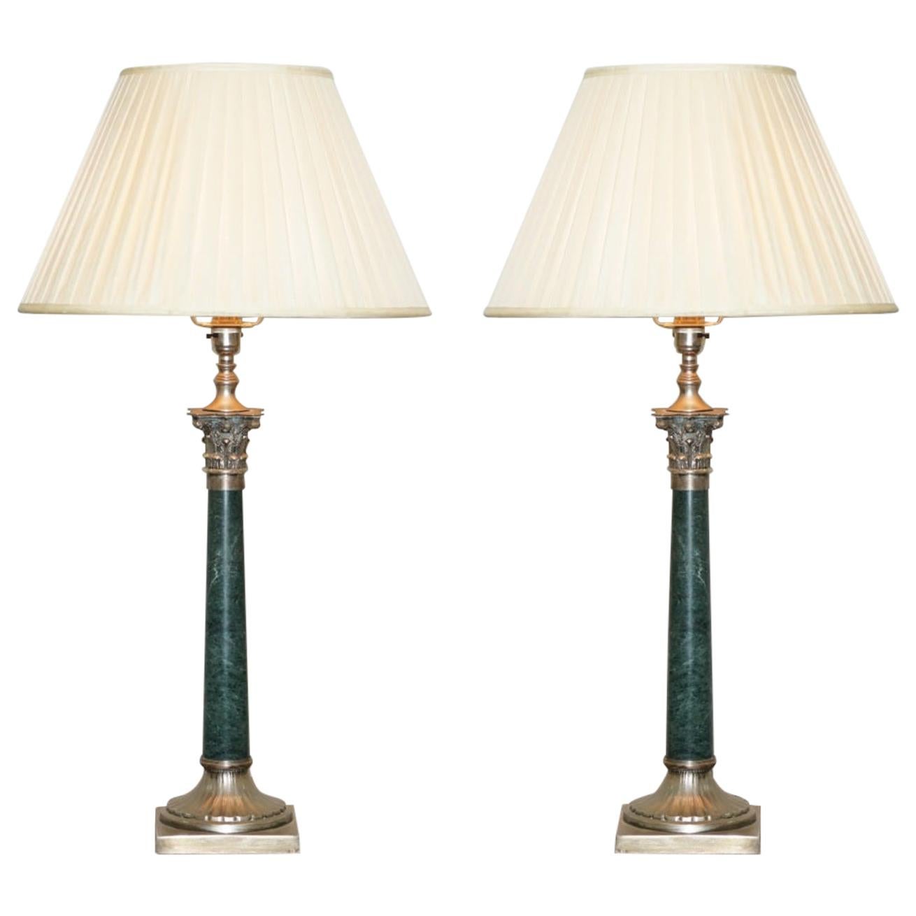 Pair of Vintage Green Marble Silver Plated Large Corinthian Pillared Table Lamps