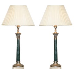 Pair of Vintage Green Marble Silver Plated Large Corinthian Pillared Table Lamps