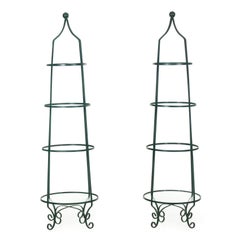 Pair of Vintage Green Painted Iron Etageres Displays with Glass Shelves