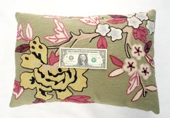 Pair of Vintage Green Red & Yellow Crewel Pillows Bolsters MINT