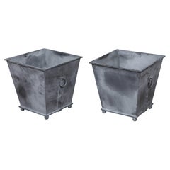 Pair of Vintage Grey Metal Planters with Tapered Lines, Ring Pulls and Ball Feet