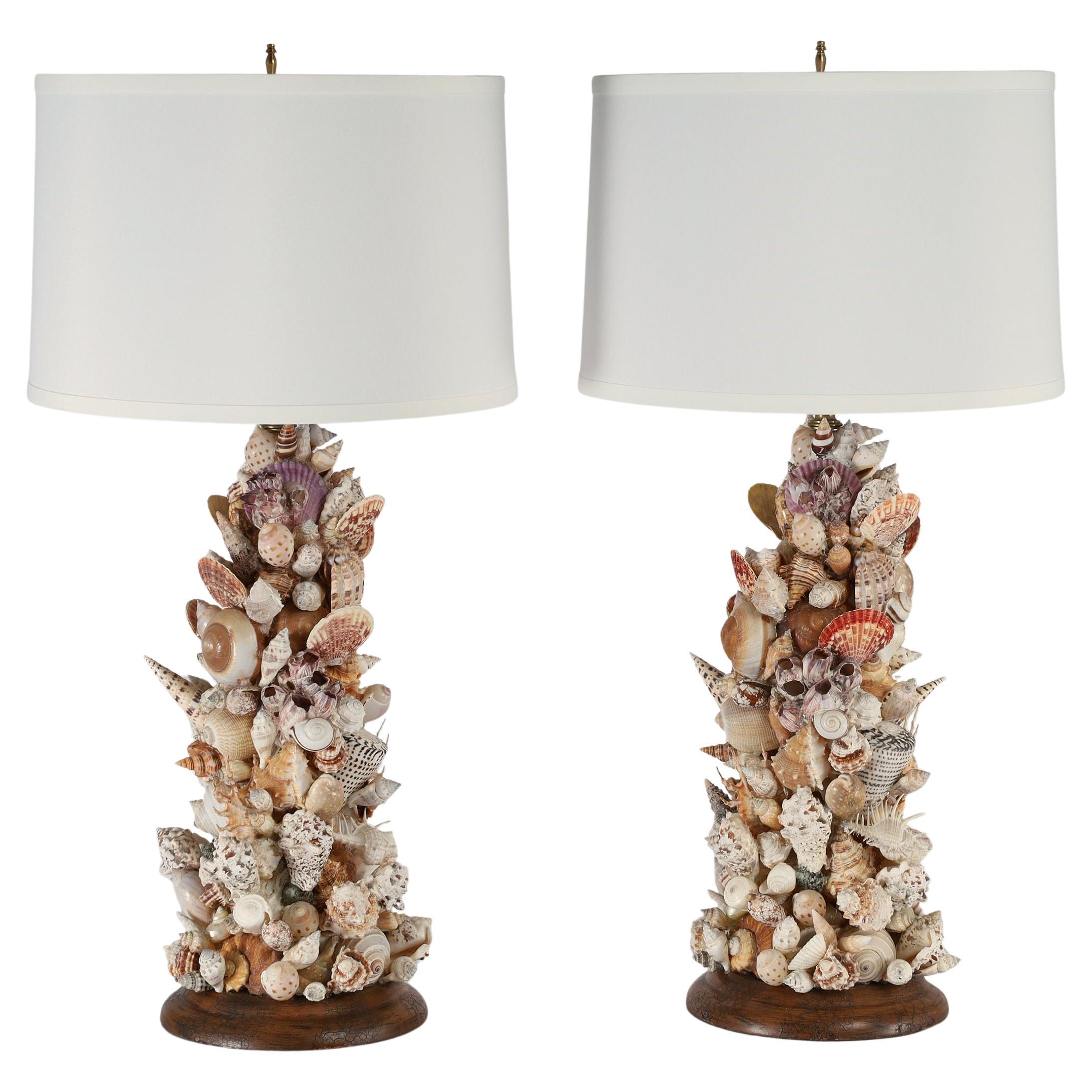 Pair of Vintage Grotto Style Seashell Encrusted Table Lamps