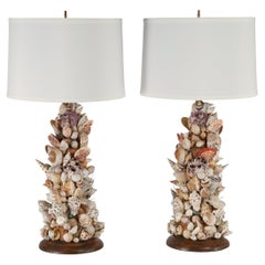 Pair of Vintage Grotto Style Seashell Encrusted Table Lamps