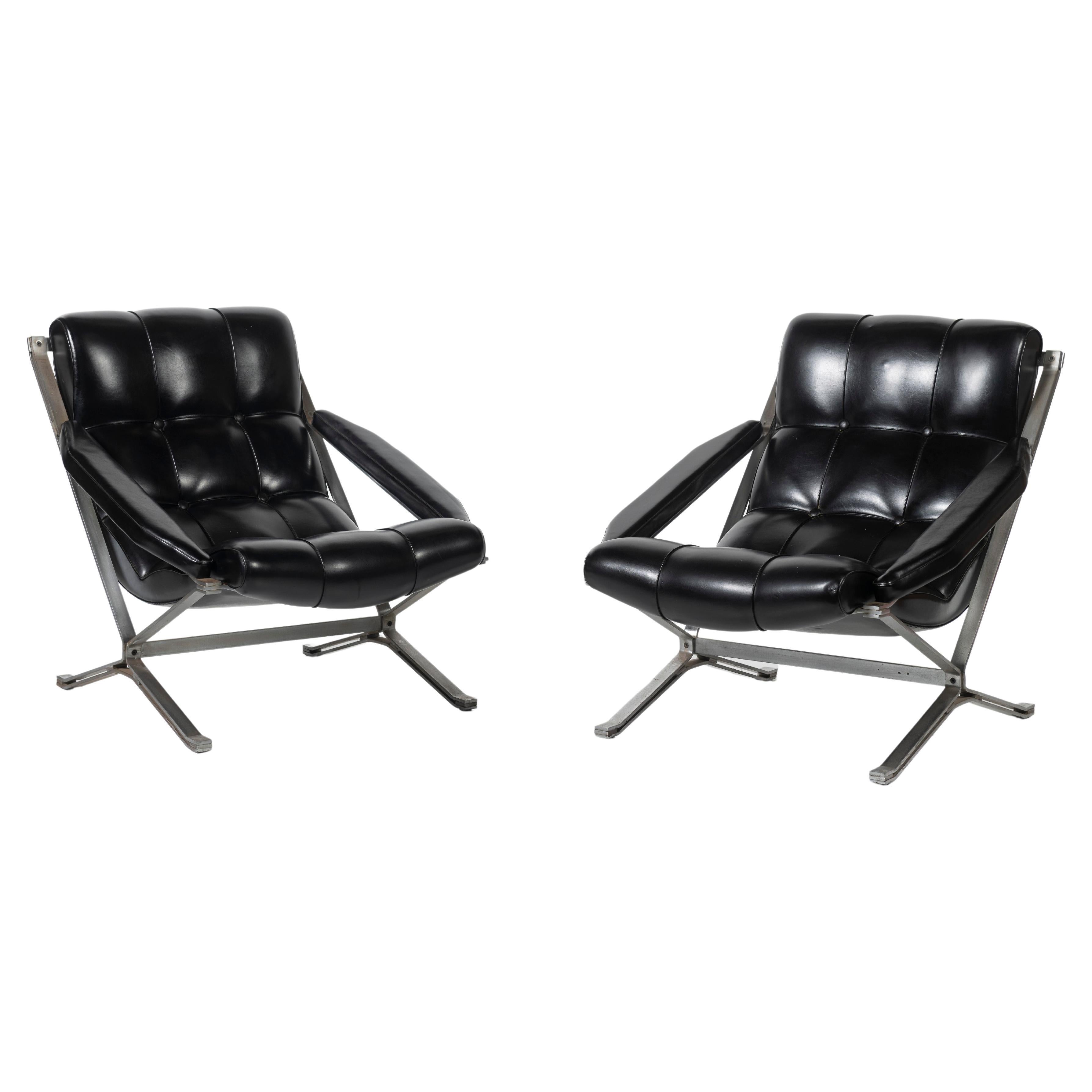 Pair of Vintage Guilio Moscatelli "Sayonara" Chairs Black Faux Leather and Steel For Sale
