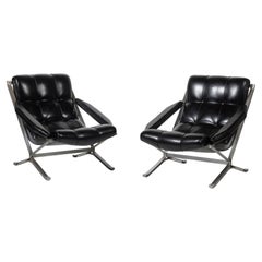 Pair of Vintage Guilio Moscatelli "Sayonara" Chairs in Black Leather and Steel