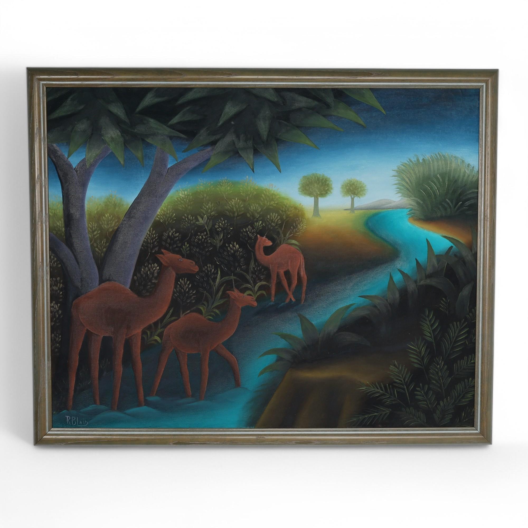 Incantevole coppia di dipinti in acrilico su tavola, entrambi raffiguranti un'eccentrica composizione di animali in un ambiente della giungla, eseguiti in un caratteristico stile surrealista e lunatico. Firmato dall'artista outsider autodidatta