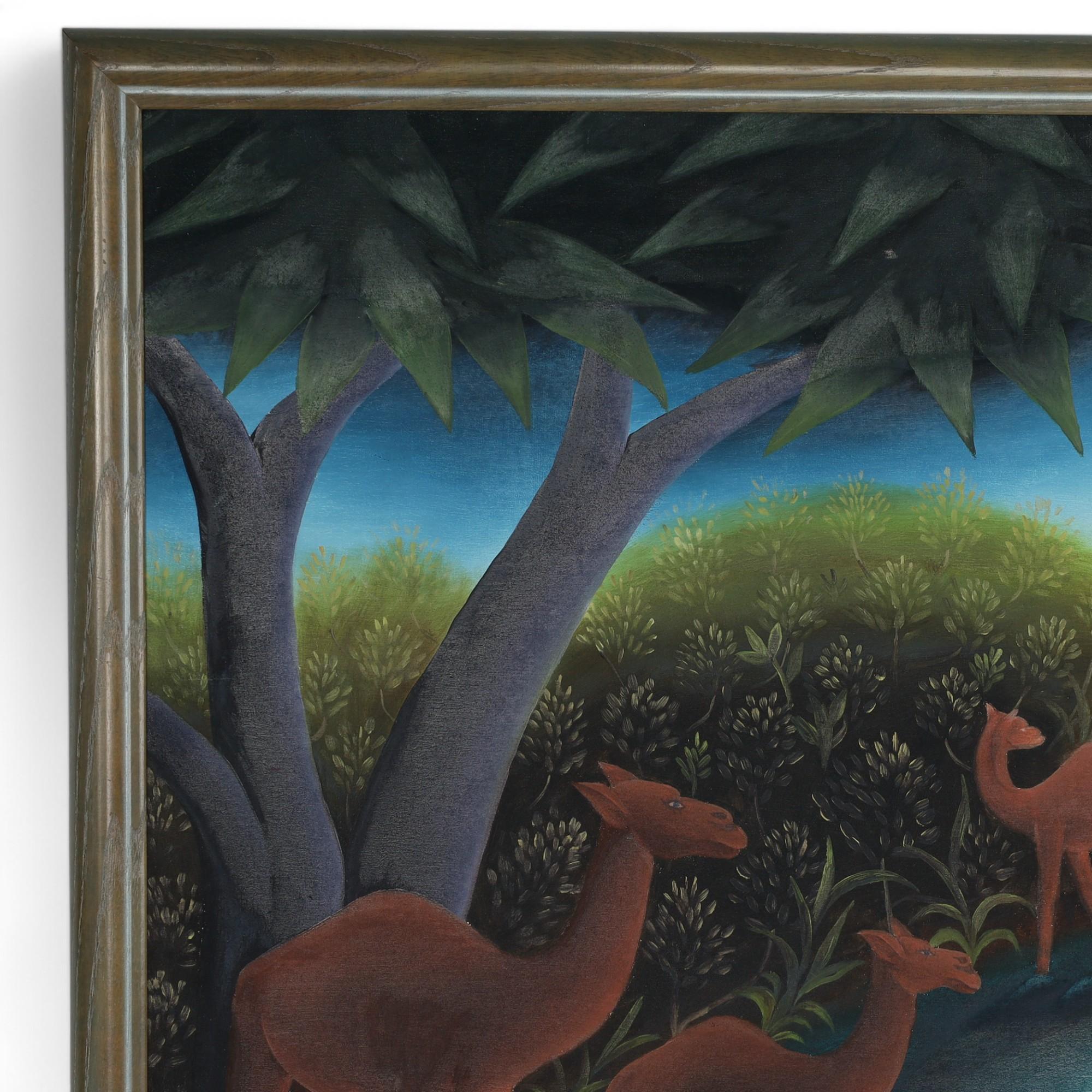 Mid-Century moderno Coppia di dipinti vintage di Roland Blain raffiguranti animali in una giungla ad Haiti in vendita