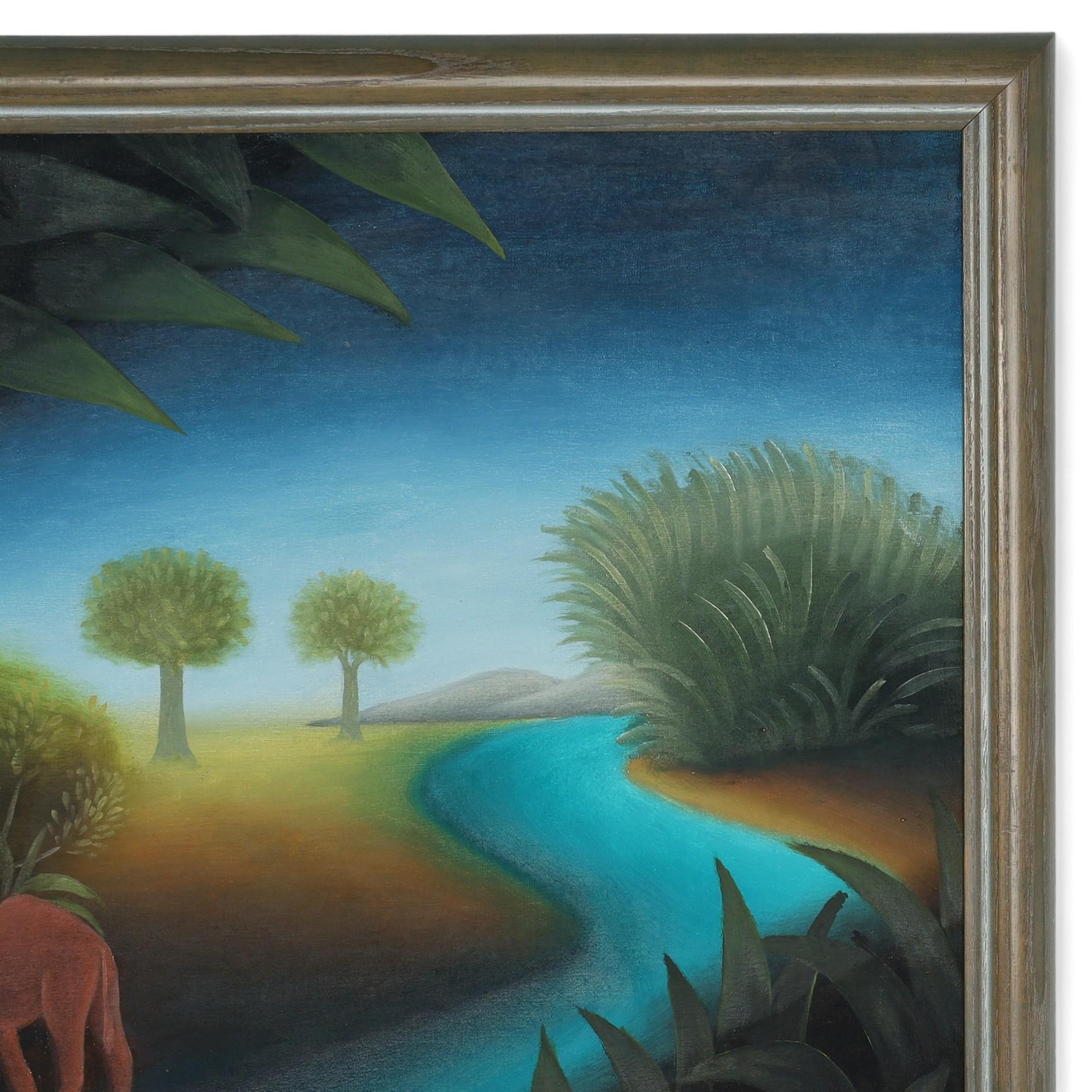 Dipinto a mano Coppia di dipinti vintage di Roland Blain raffiguranti animali in una giungla ad Haiti in vendita