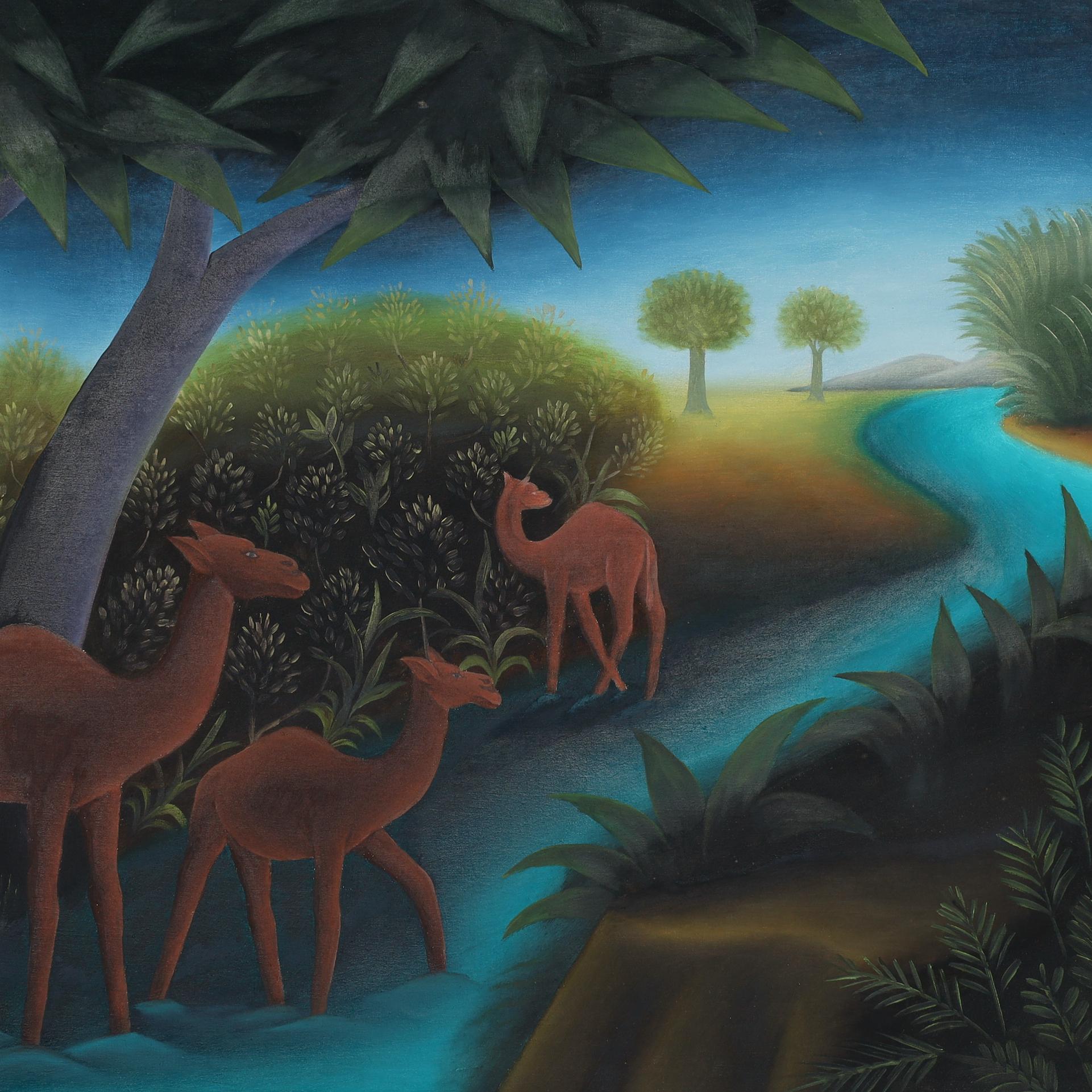 Coppia di dipinti vintage di Roland Blain raffiguranti animali in una giungla ad Haiti In condizioni buone in vendita a Palm Beach, FL