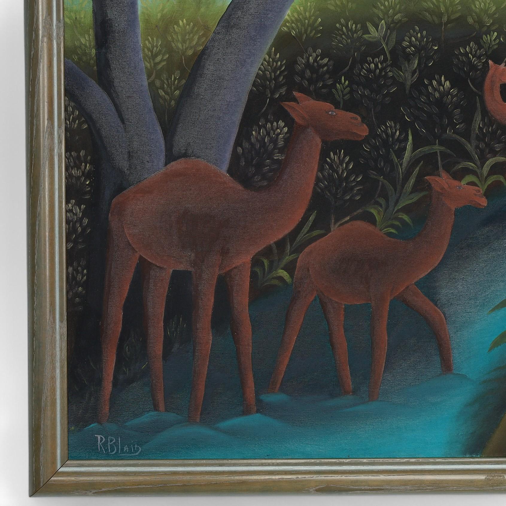 XX secolo Coppia di dipinti vintage di Roland Blain raffiguranti animali in una giungla ad Haiti in vendita