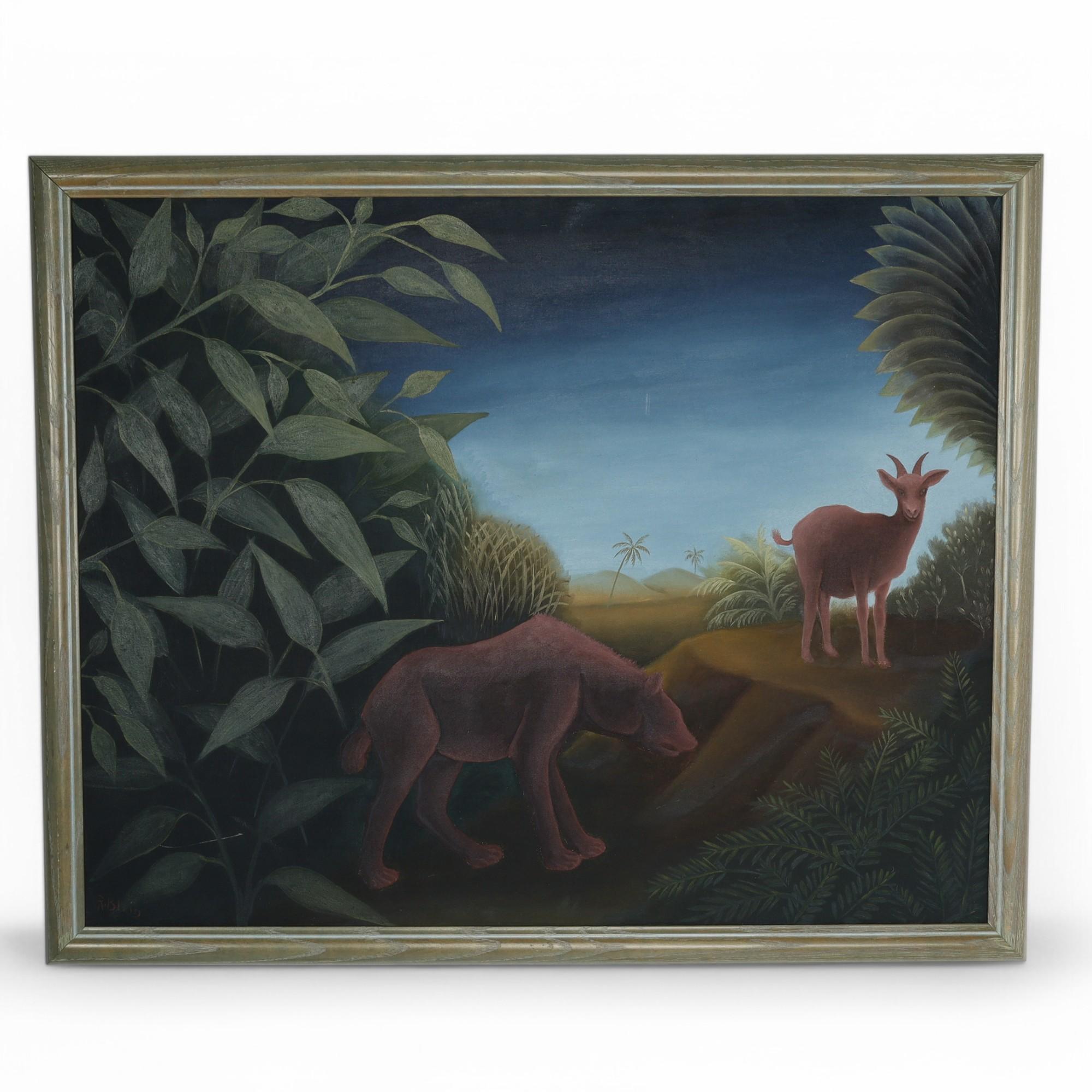 Coppia di dipinti vintage di Roland Blain raffiguranti animali in una giungla ad Haiti in vendita 1