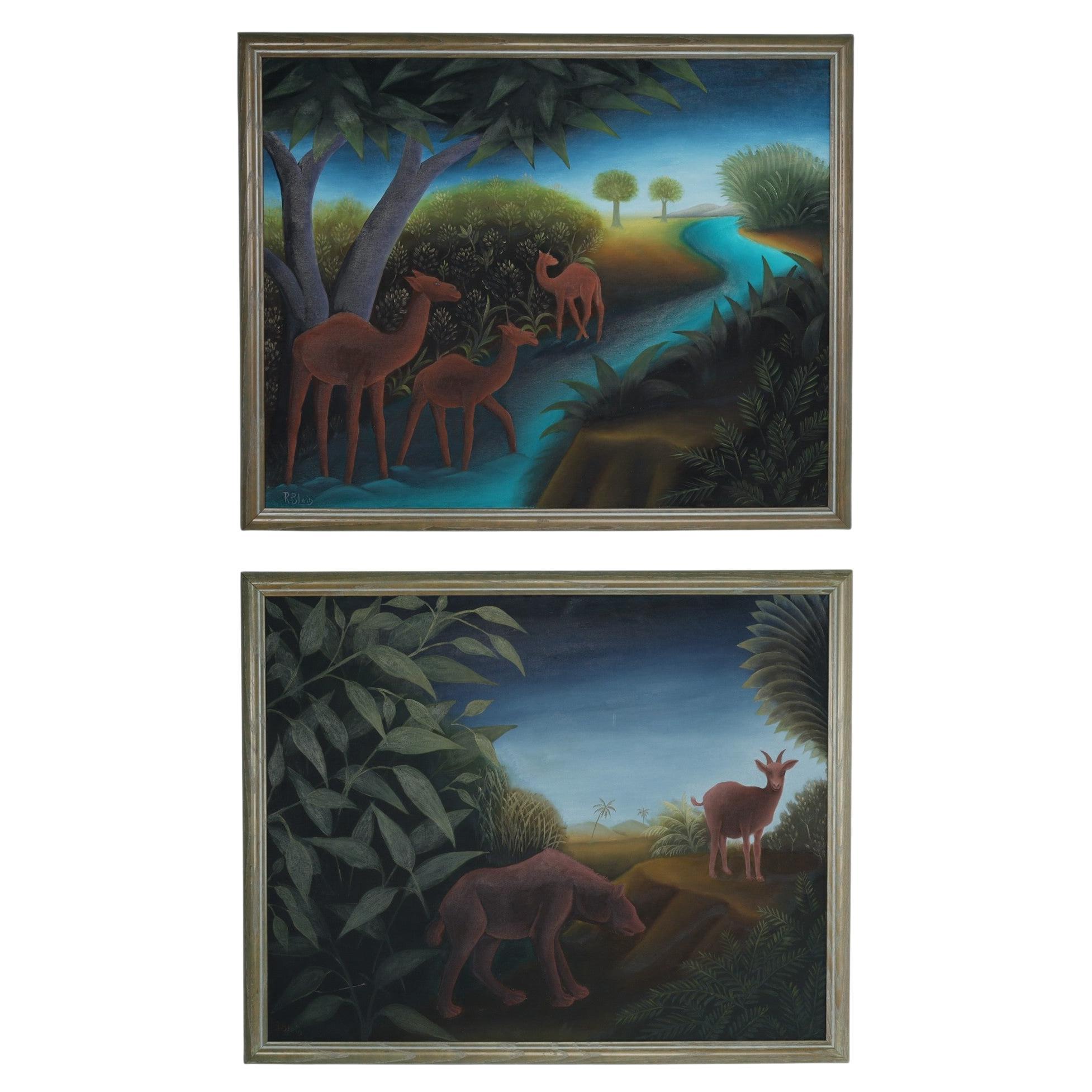 Pareja de cuadros haitianos vintage de animales en una jungla por Roland Blain