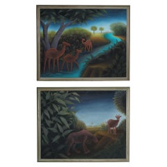 Pair of Vintage Haitian Painting of Animals in a Jungle by Roland Blain