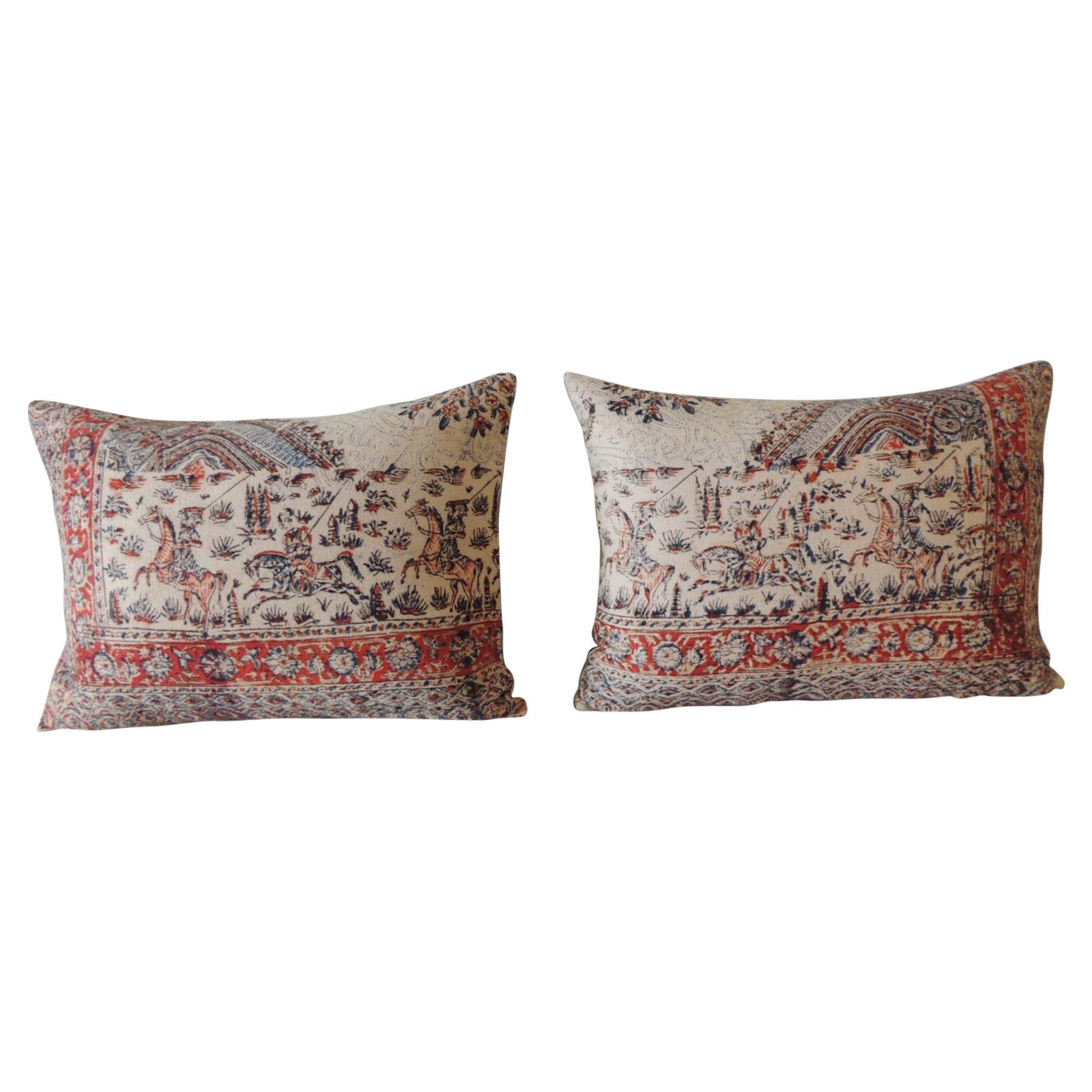 Pair of Vintage Hand-Blocked Kalamkari Bolster Decorative Pillows
