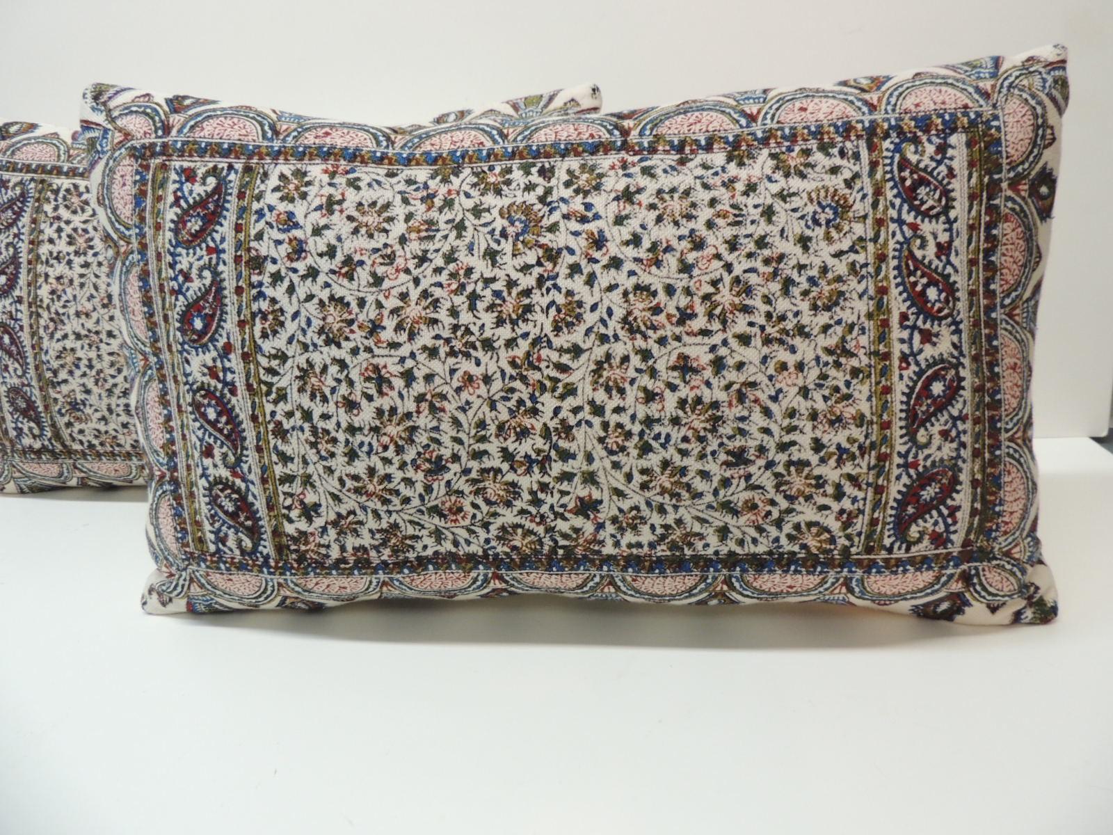 Moorish Pair of Vintage Hand-Blocked Kalamkari Lumbar Decorative Pillows