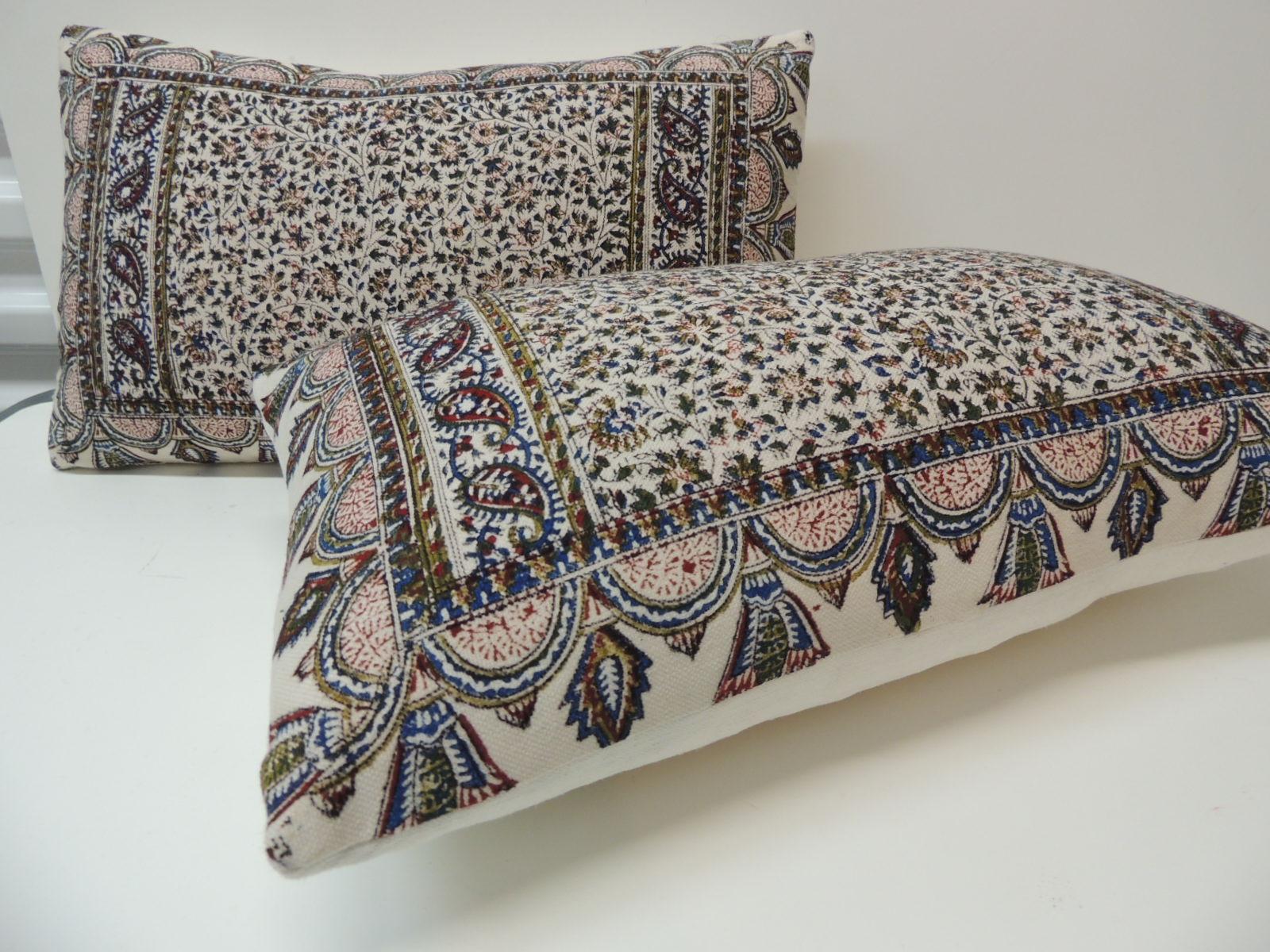 Armenian Pair of Vintage Hand-Blocked Kalamkari Lumbar Decorative Pillows