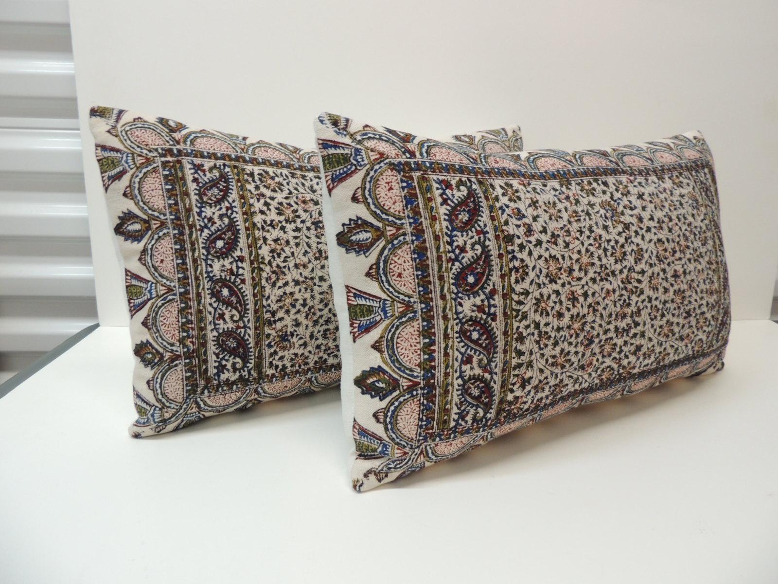 Hand-Crafted Pair of Vintage Hand-Blocked Kalamkari Lumbar Decorative Pillows