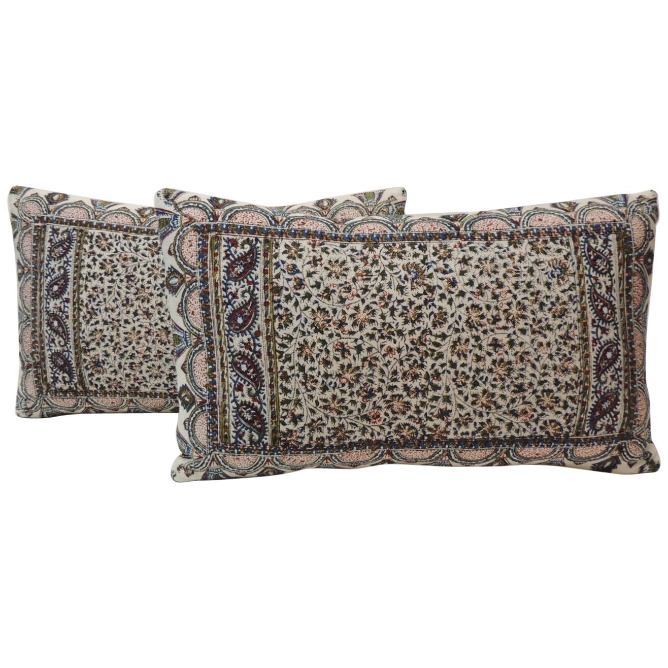 Pair of Vintage Hand-Blocked Kalamkari Lumbar Decorative Pillows