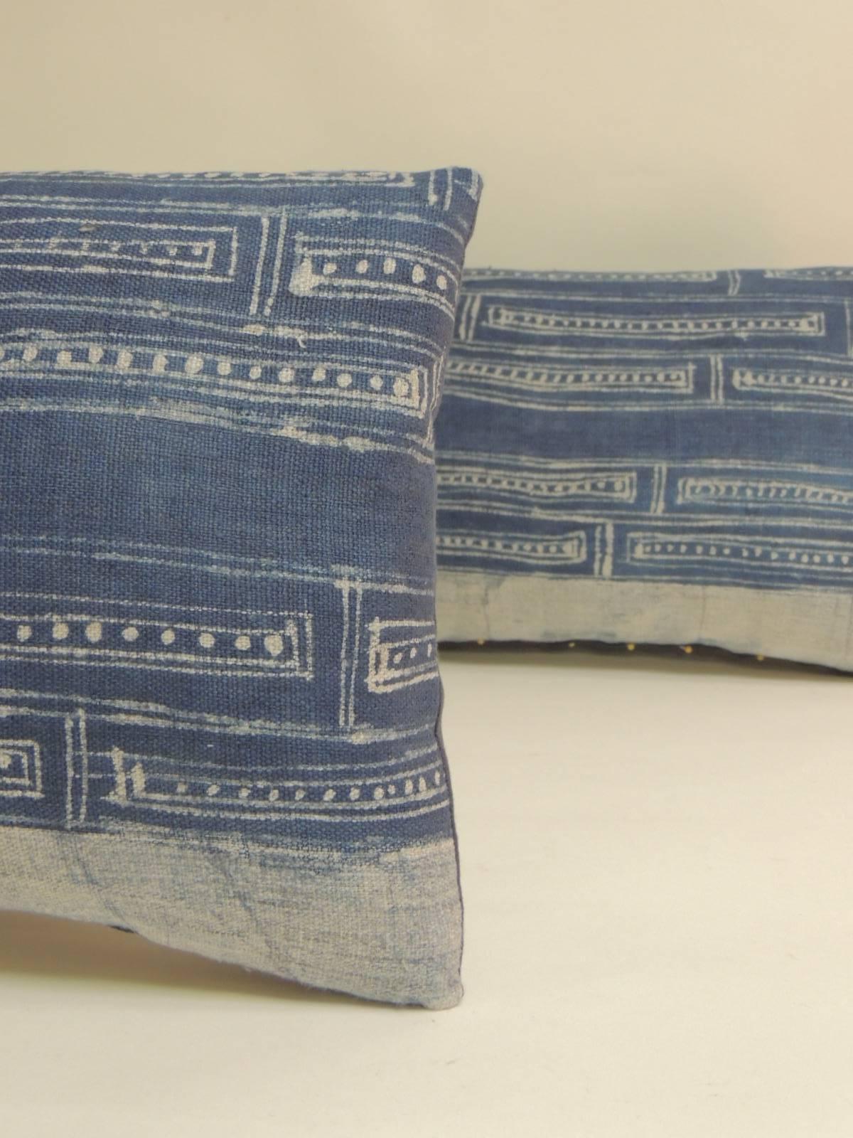 Tribal Pair of Vintage Hand Blocked White and Indigo Decorative Lumbar Pillows