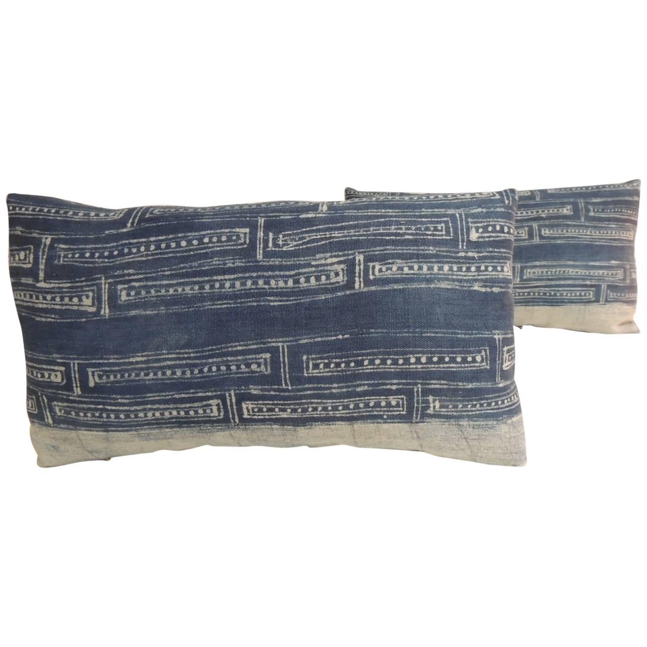 Pair of Vintage Hand Blocked White and Indigo Decorative Lumbar Pillows