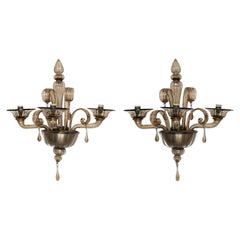 Pair of Vintage Hand-Blown Murano Clear Smoke-Colored Sconces