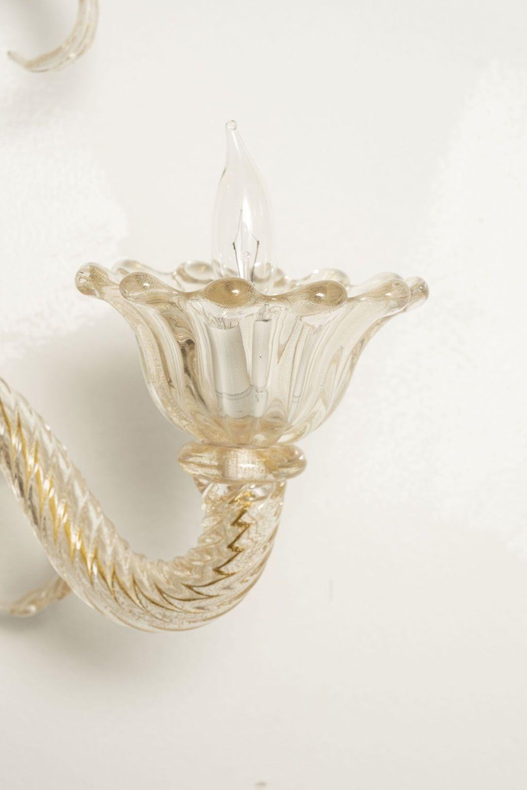 Pair of Vintage Hand-Blown Three-Arm Murano Clear Sconces For Sale 3
