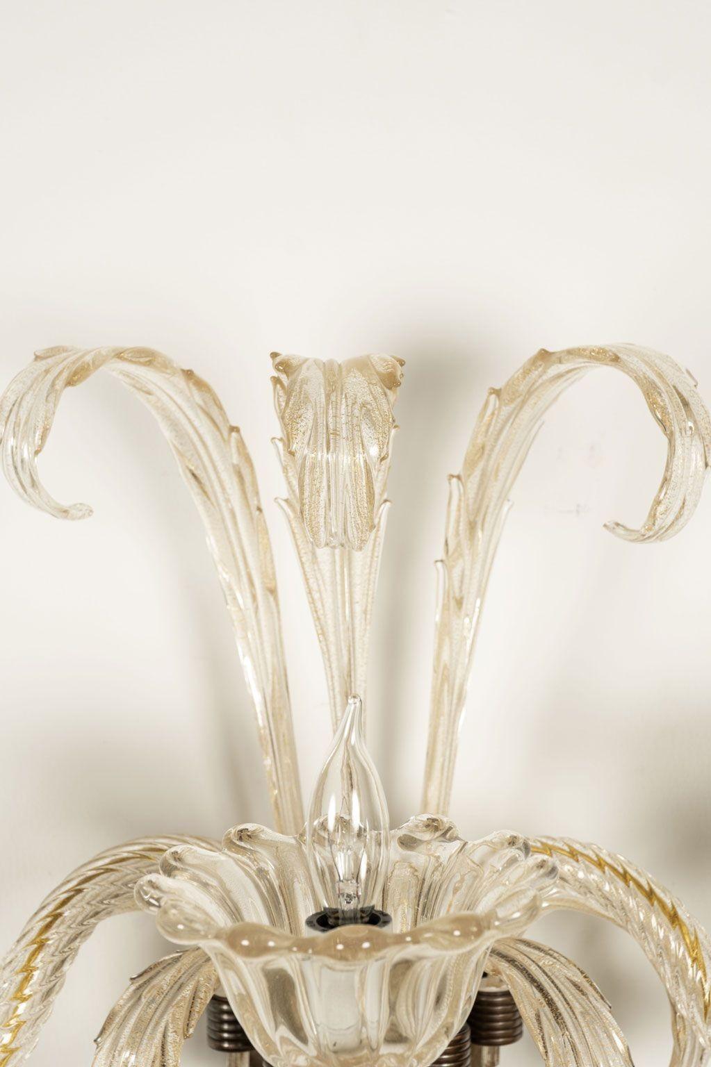 Pair of Vintage Hand-Blown Three-Arm Murano Clear Sconces For Sale 5
