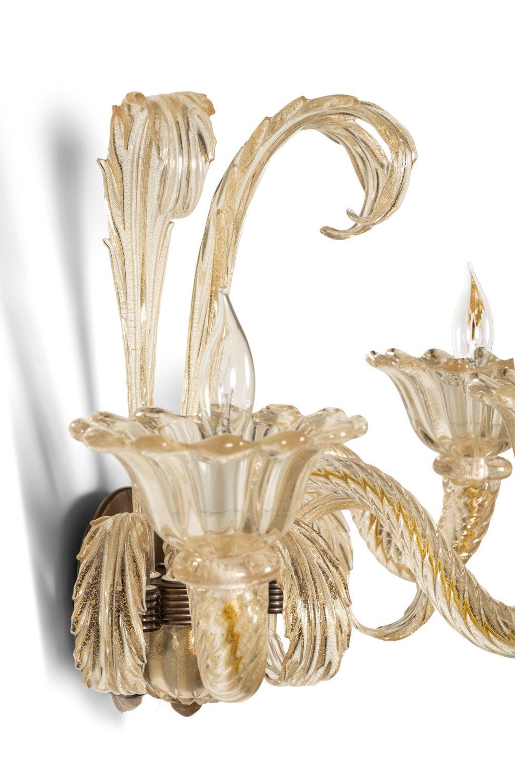Pair of Vintage Hand-Blown Three-Arm Murano Clear Sconces For Sale 6