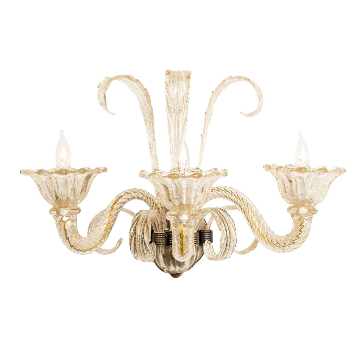 Italian Pair of Vintage Hand-Blown Three-Arm Murano Clear Sconces For Sale