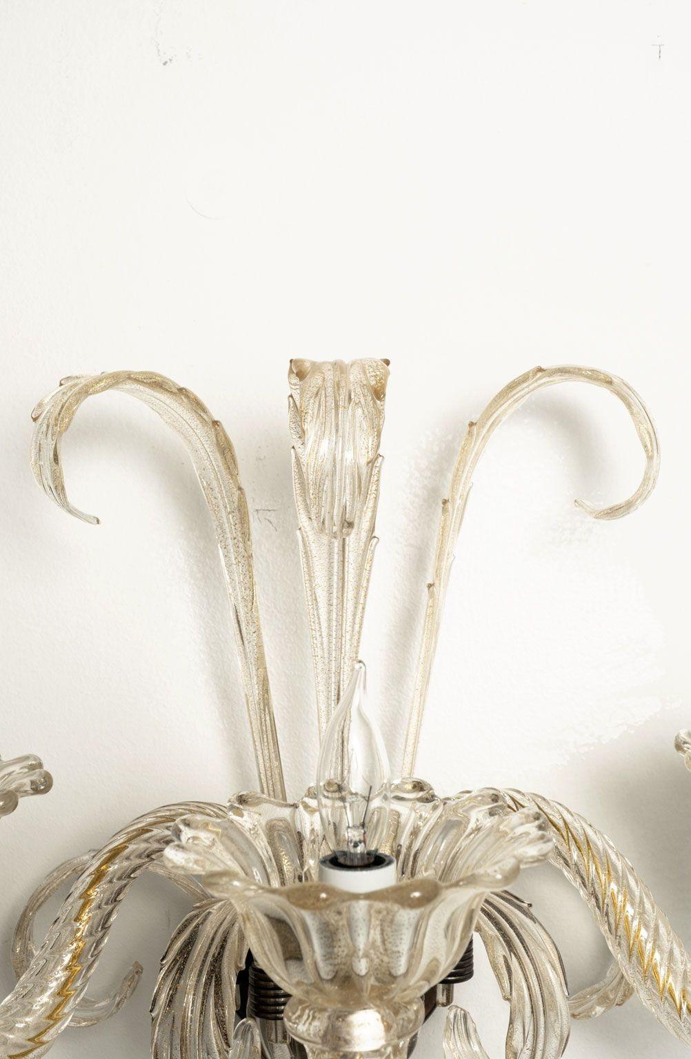 Pair of Vintage Hand-Blown Three-Arm Murano Clear Sconces In Good Condition For Sale In Houston, TX